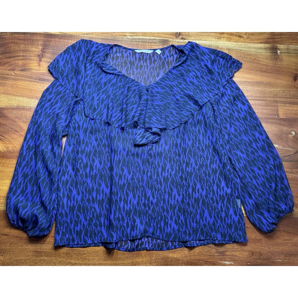 Soft Surroundings Purple Black Animal Print Ruffle Sheer Chiffon Blouse Top Sz L